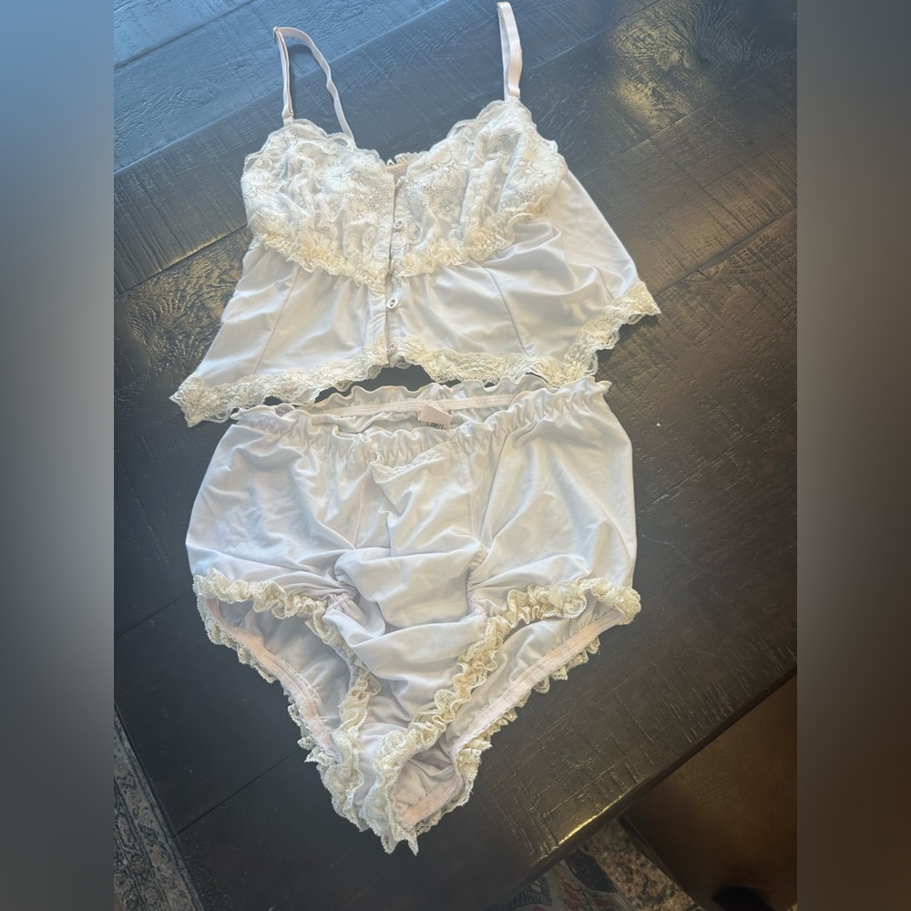 We Are Hah Lace-Trim White & Cream Button-Front Camisole Set Size Large